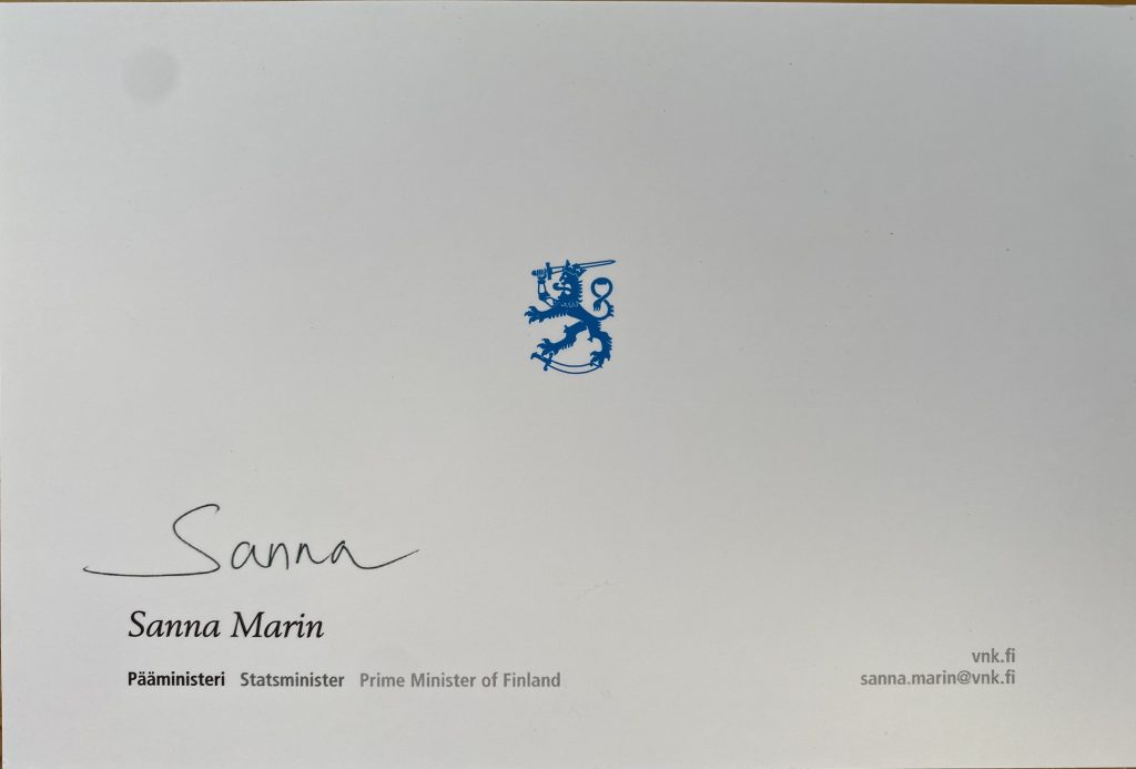 Back of photo of Sanna Marin, Prime Minister of Finland
