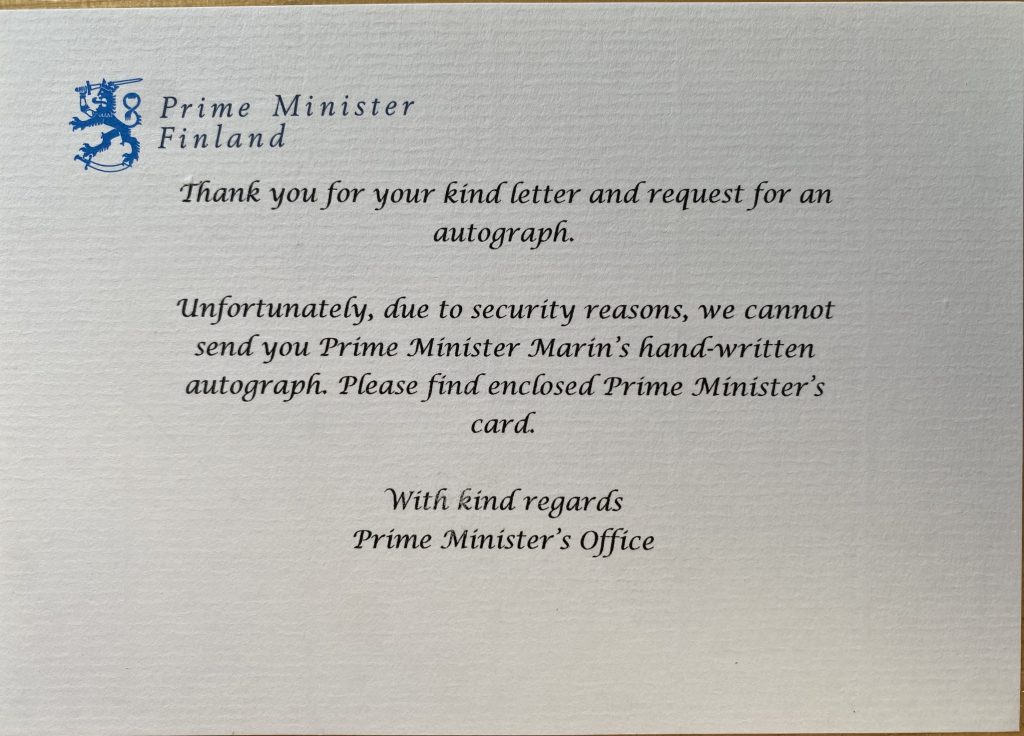 Note from Sanna Marin, Prime Minister of Finland